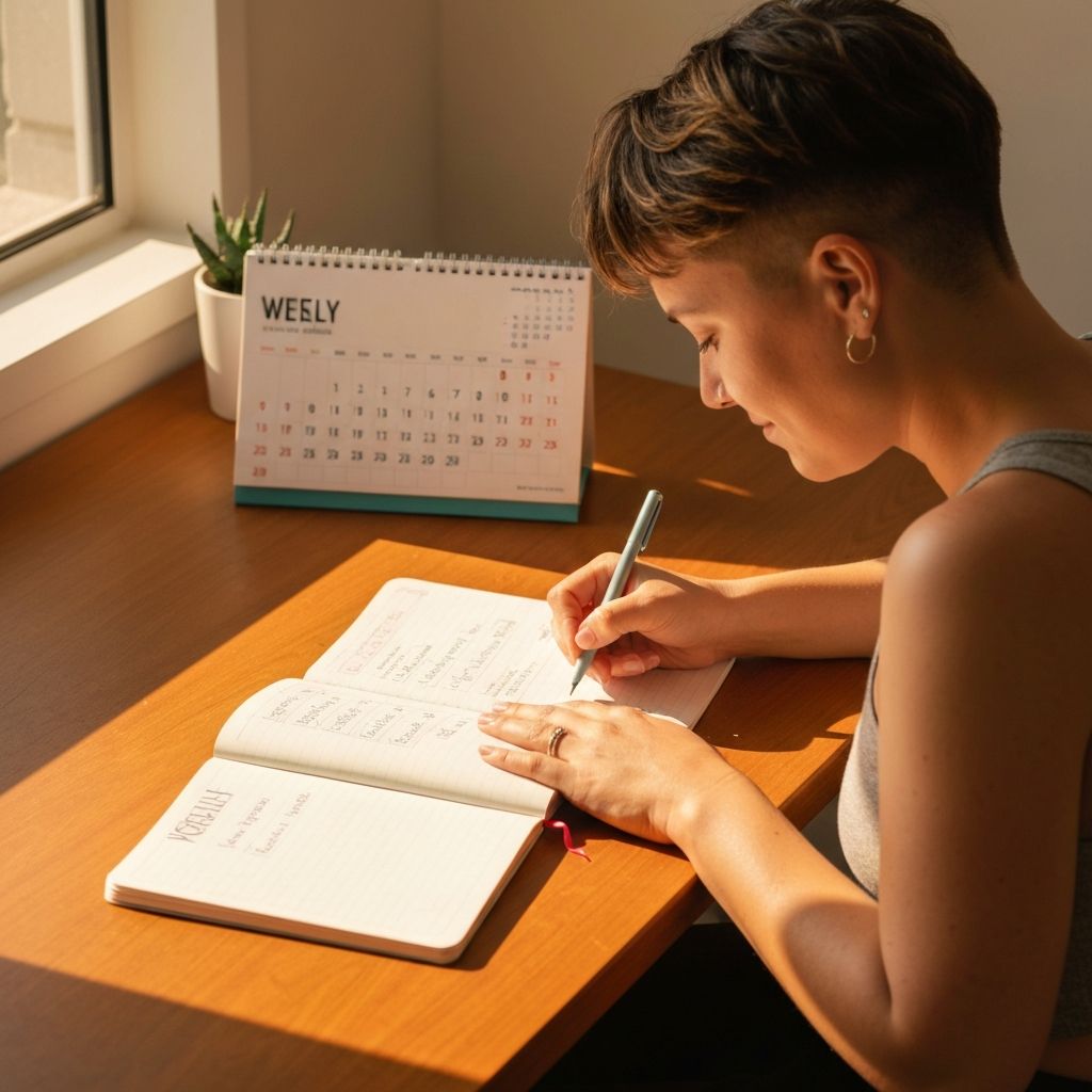 Person planning their week with a calendar and wellness journal